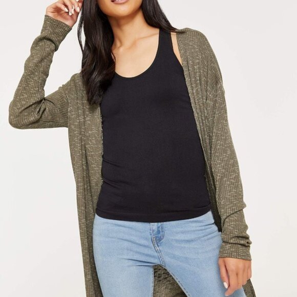 Women's Open long sleeve cardigan Olive green ribbed knit Large Lightweight - Picture 1 of 4